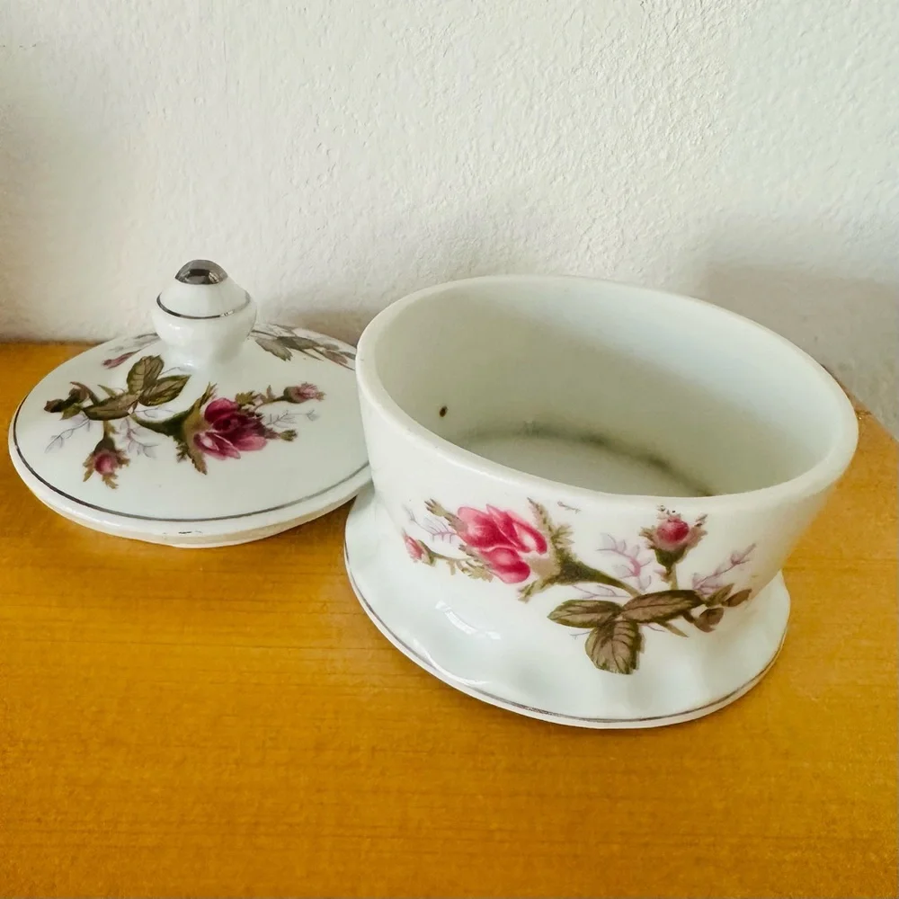 Vintage Floral Porcelain Vanity Jars - White with Pink Rose Motif